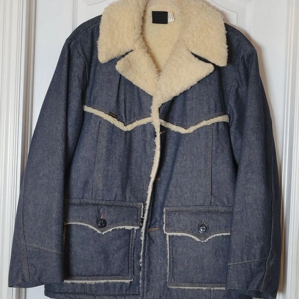 Mens Vintage Sears Roebucks Western Denim Jean & Sherpa Wool Jacket Coat 46R